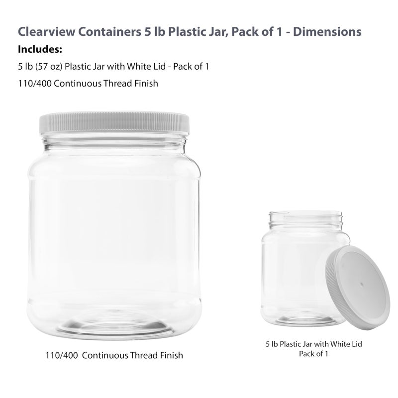CLEARVIEW CONTAINERS - 5lb, 57 Ounce Plastic Jar with 110/400 Leak Proof Seal Lid - Food Grade and BPA Free (57oz, 1pk) - Image 2